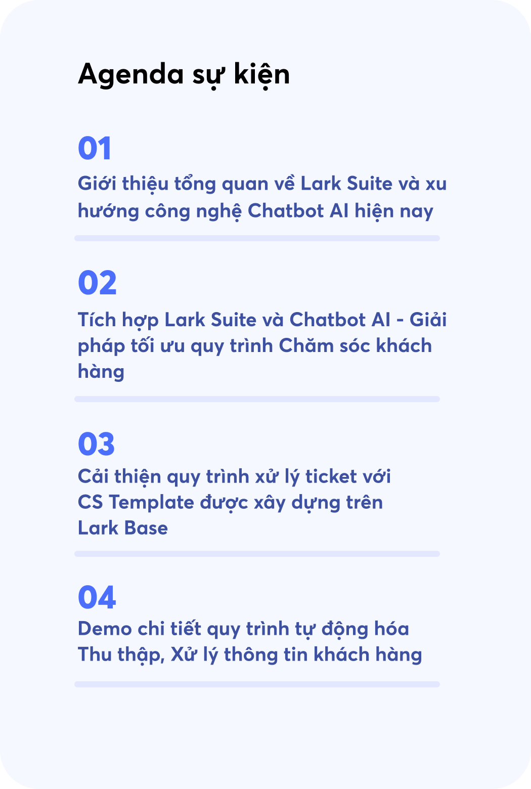 Agenda Webinar Ứng dụng Lark Suite và Chatbot AI trong Tự động hóa Chăm sóc khách hàng